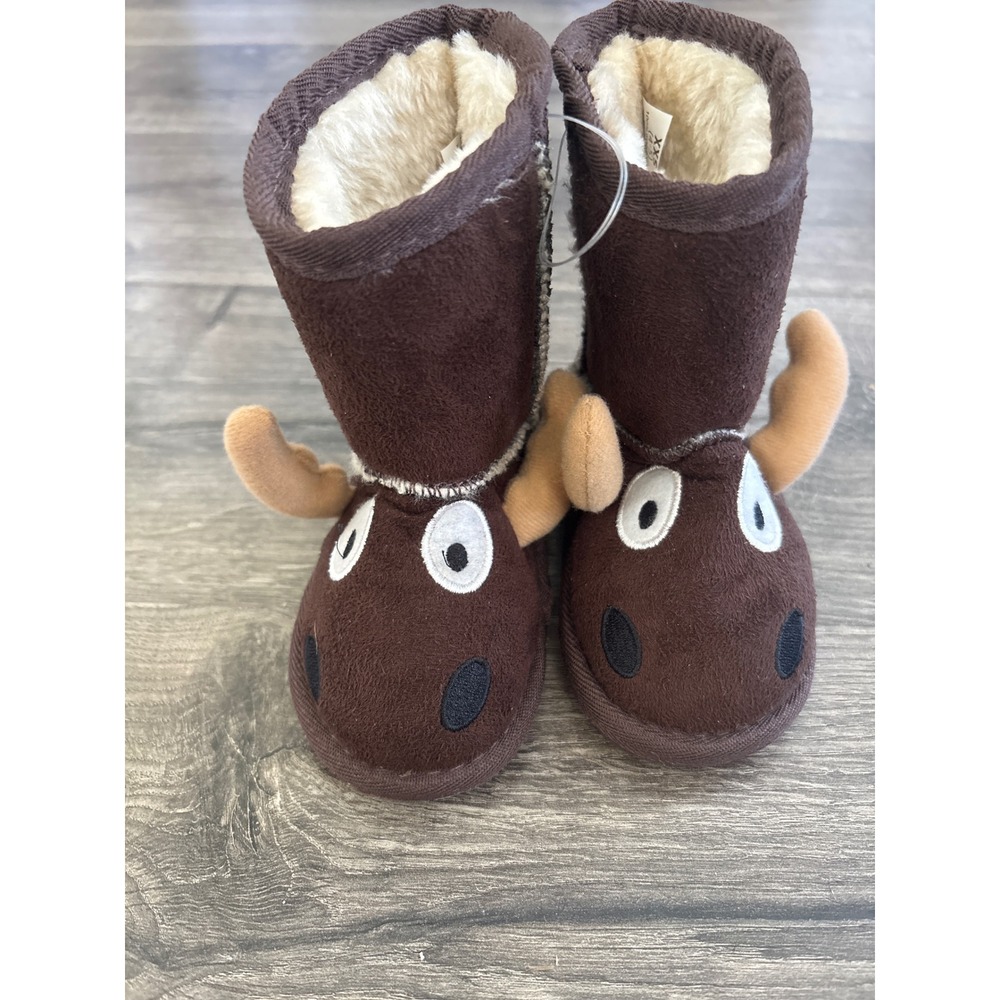 Lazy One Kids Moose Critter Slippers Brown Faux Fur Booties XXS 4-5 NEW